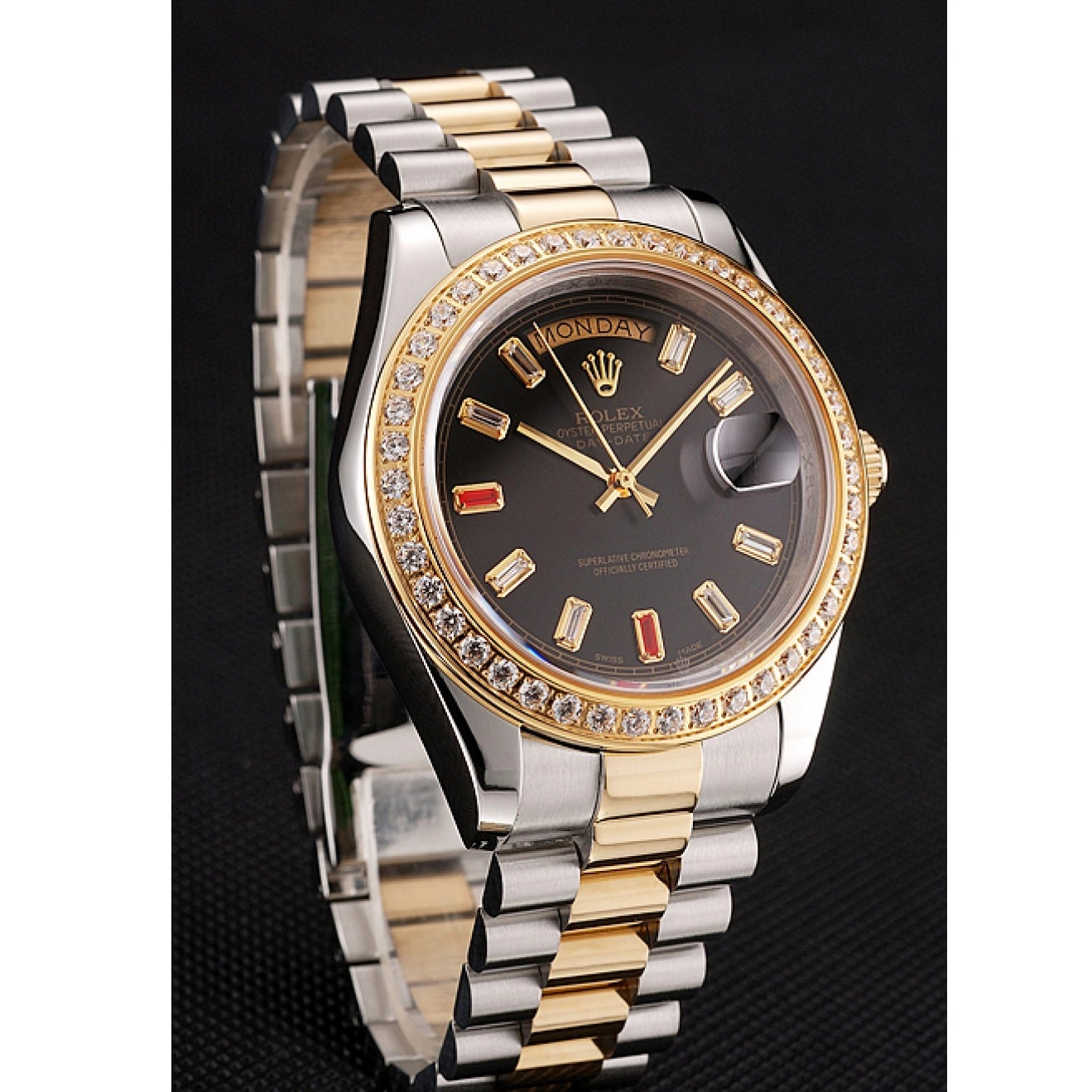 Good copy rolex watches Bracelet Day-Date Tone Rubies Two Rolex 1454105 Dial Swiss Black And Diamonds 0701